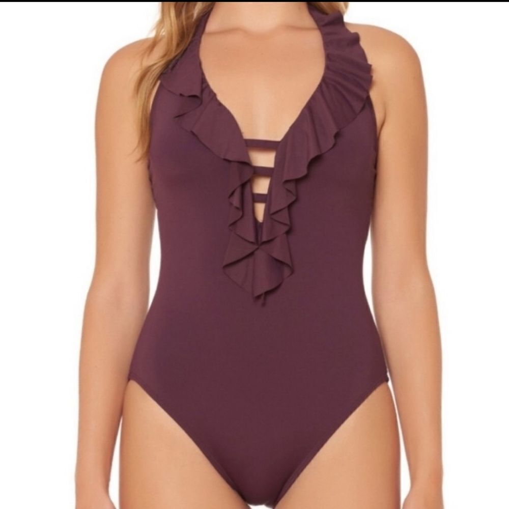 BLEU Rod Beattie Purple Strappy Ruffle Plunging Halter One Piece Swimsuit Sz 10